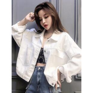 白色牛仔短款外套女春秋夹克覆古衬衫bf工装衬衣薄款辣妹露脐上衣