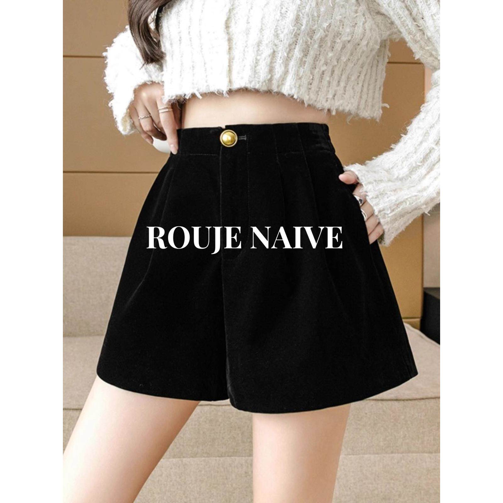 ROUJE NAIVE金丝绒黑色毛呢短裤女秋冬小个子宽松高腰a字外穿靴裤
