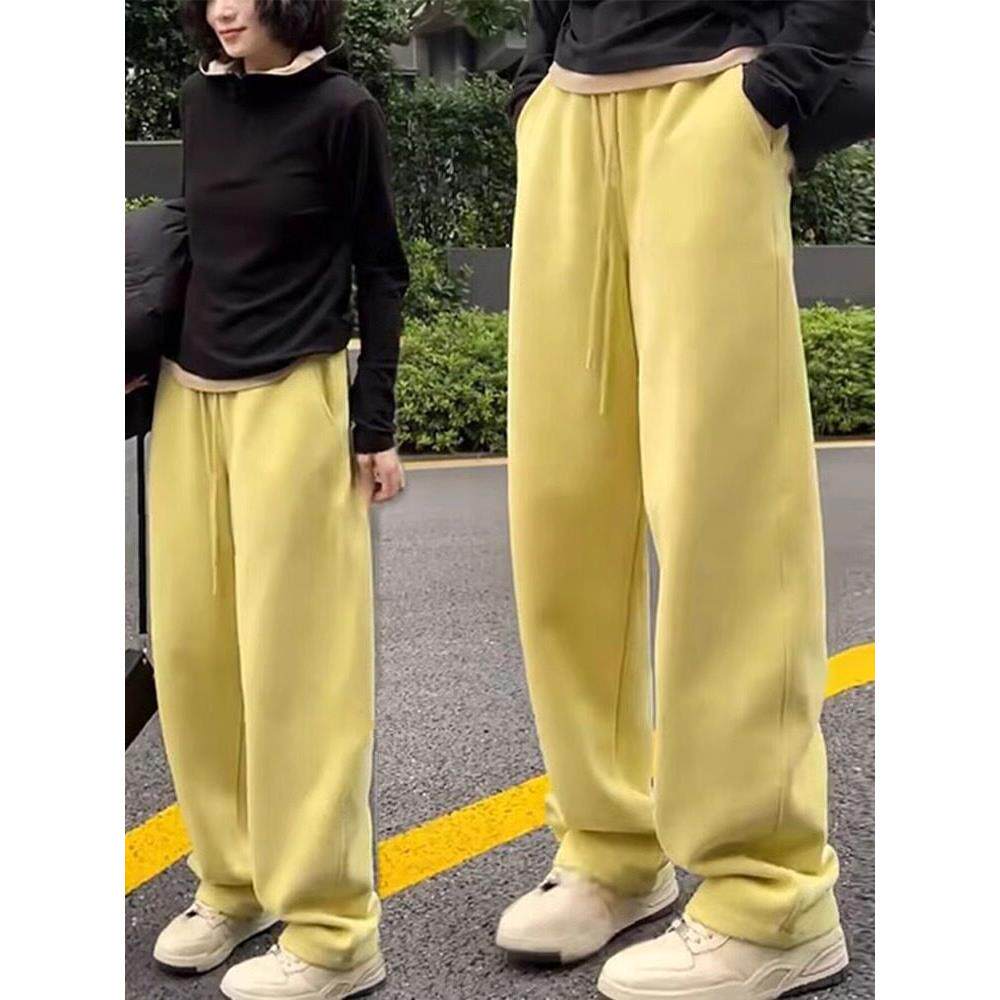 香港黄色女士直筒运动裤2025春秋季新款宽松高腰修身休闲阔腿裤和