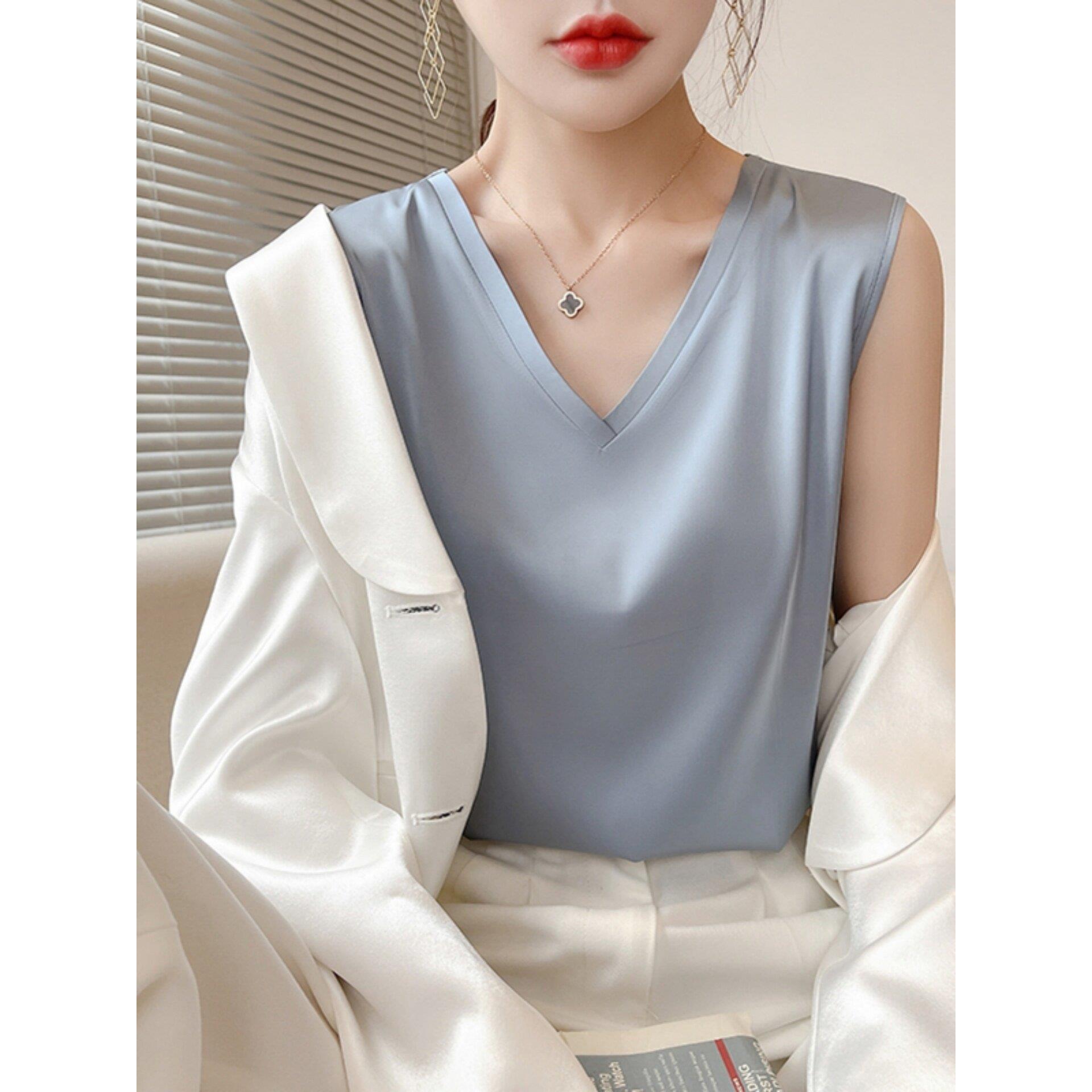 V领真丝缎面吊带背心女2025年秋季新款西装内搭桑蚕丝打底上衣