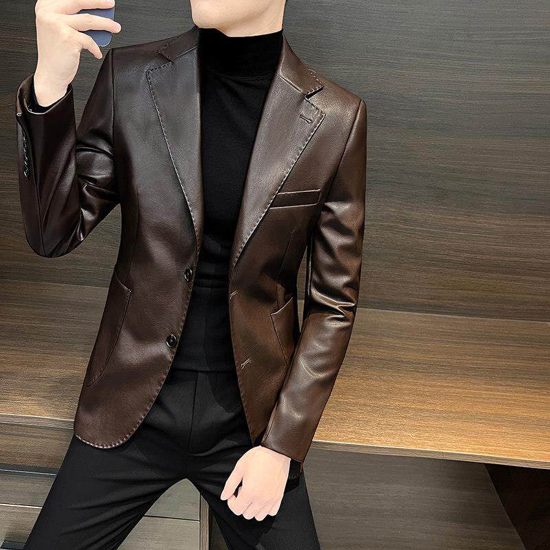 男士皮衣外套春秋季2026新款高级感痞帅西装修身休闲单西皮西服男