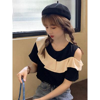 IT UNDER GARDEN 露肩减龄短袖T恤女2025年夏季新款小众拼色