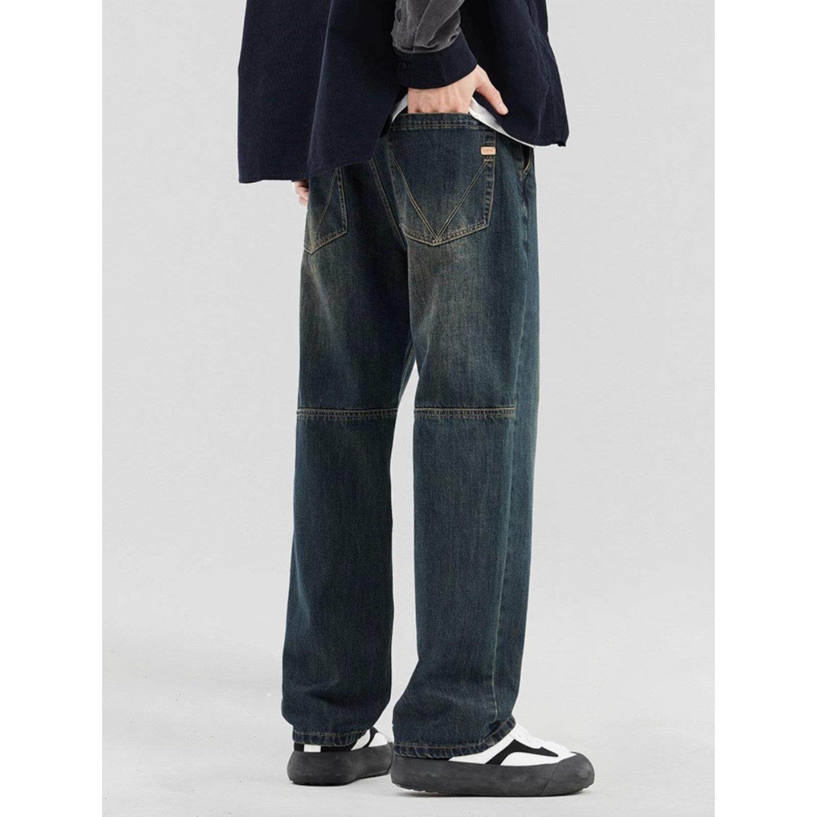 it Afternnaths潮牌直筒牛仔裤男士秋冬加绒覆古深蓝色美式阔腿裤