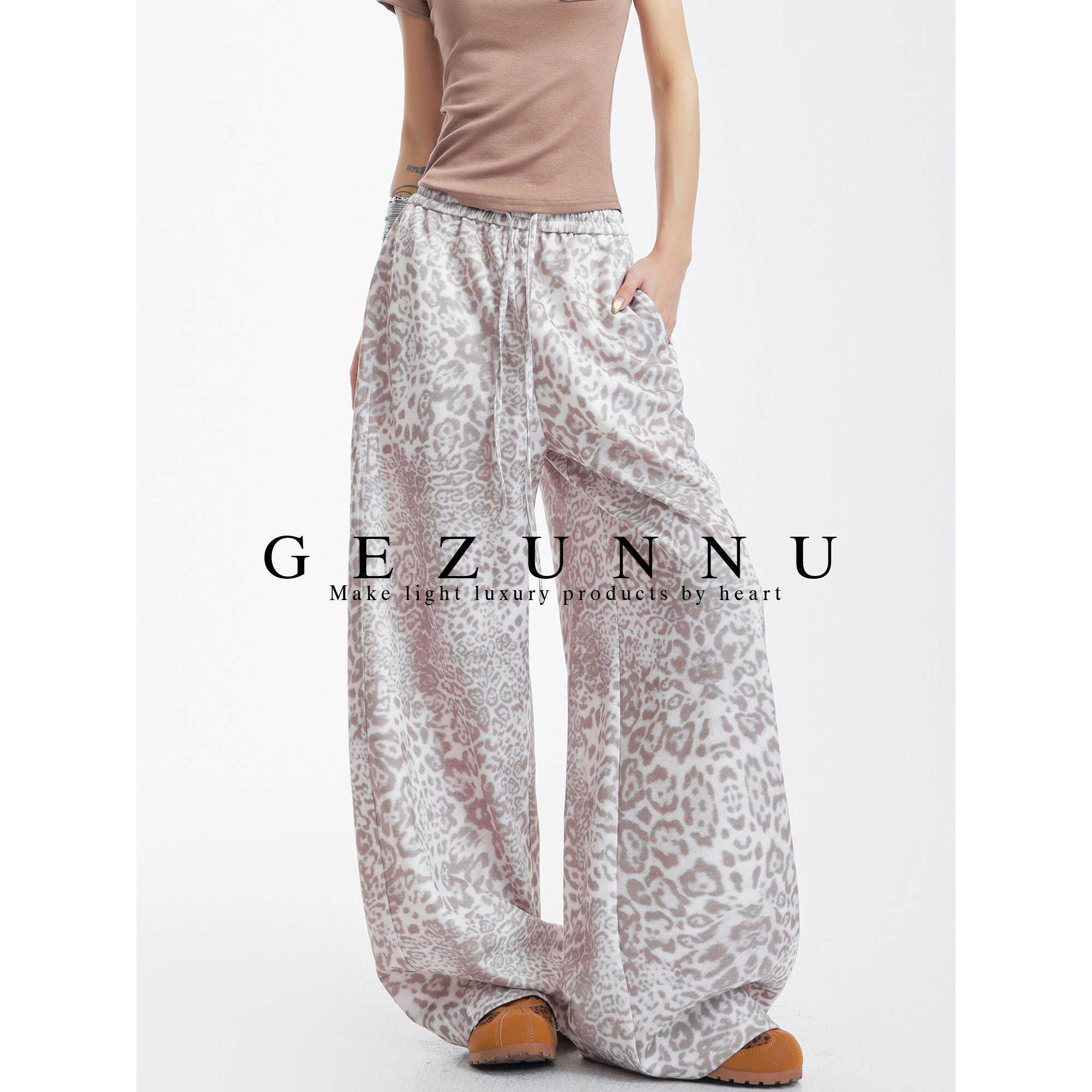 GEZUNNU春夏新款豹纹休闲裤女收腰显瘦设计感宽松直筒裤裤子