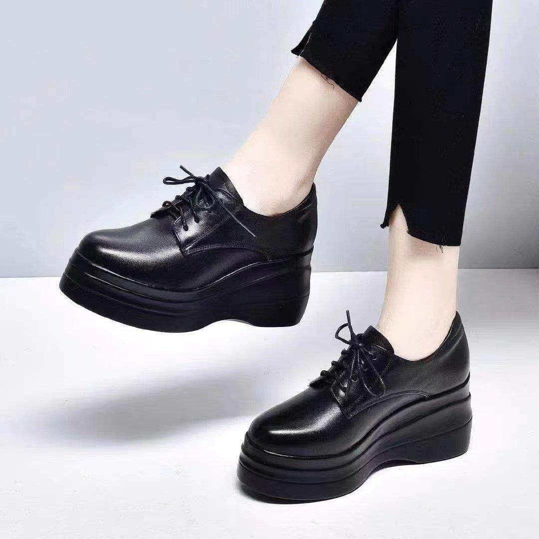 韩国潮牌真皮厚底松糕鞋女2025黑色深口系带高跟鞋坡跟增高女单鞋