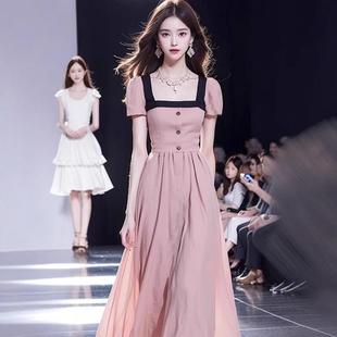 欧洲站夏季 高级感粉色长裙子收腰显瘦方领气质连衣裙 2025新款 法式