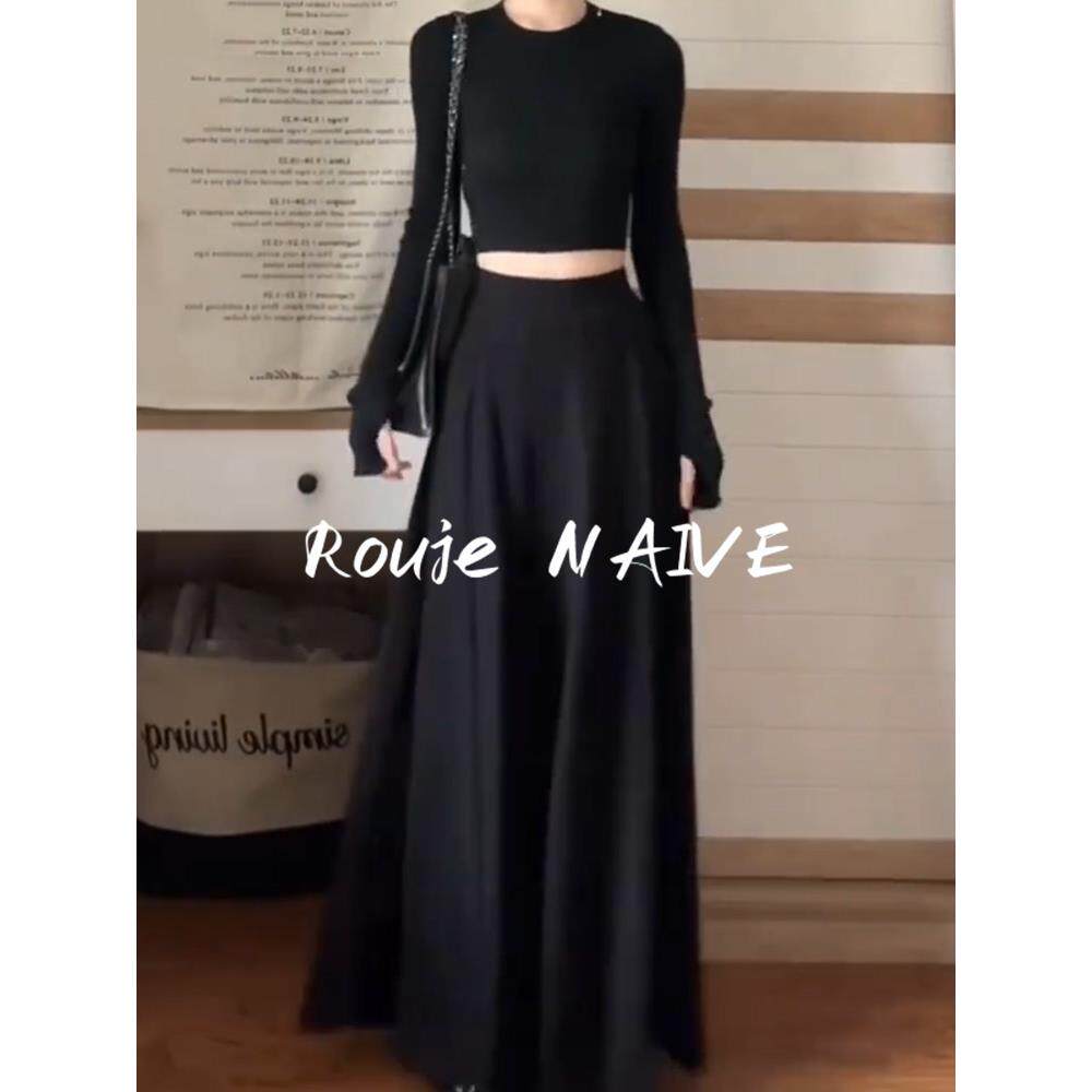 Rouje NAIVE黑色A字半身裙女高腰显瘦大码长裙通勤极简风显瘦遮肚