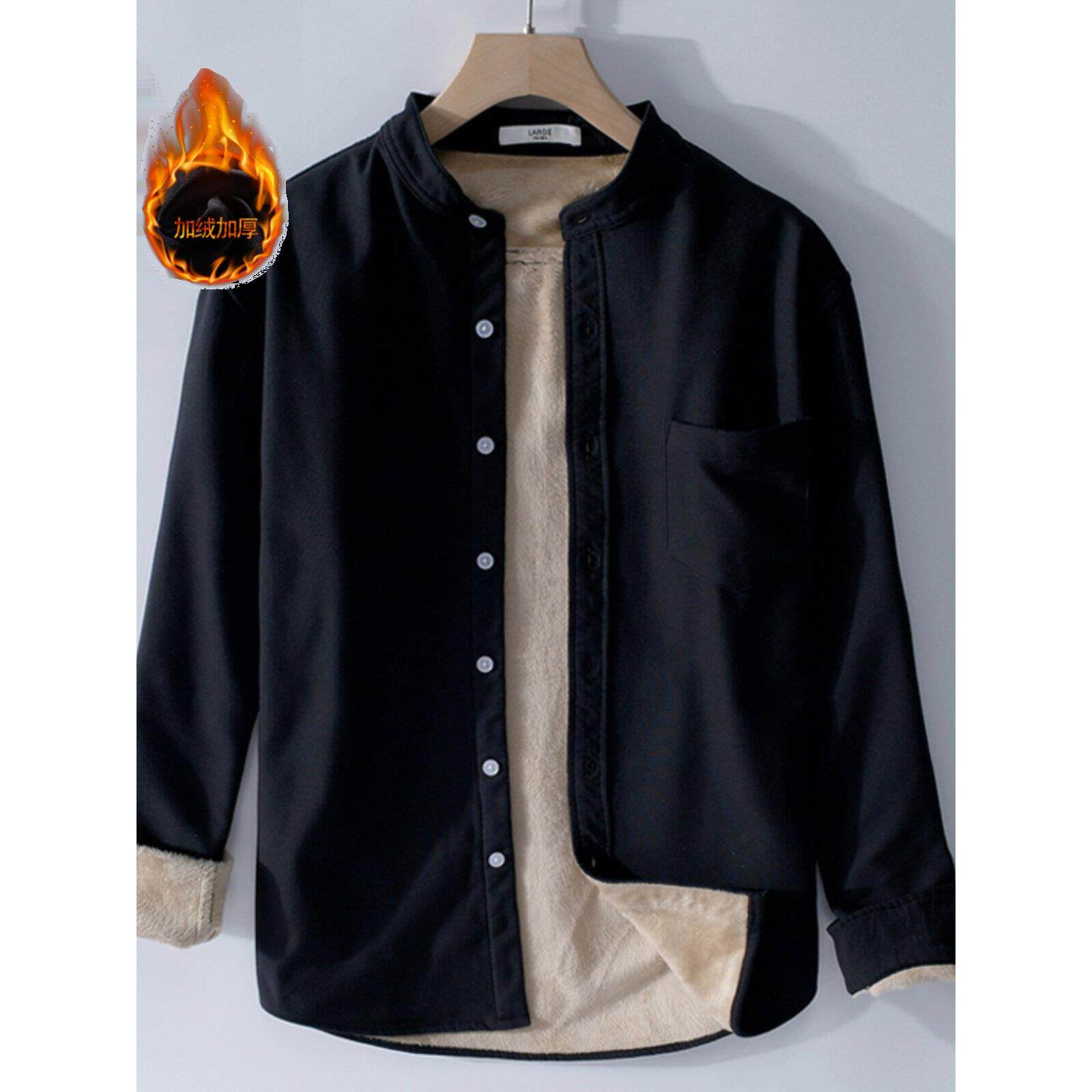 香港秋冬季加绒加厚保暖衬衫男长袖休闲无领衬衣纯棉牛津纺上衣潮
