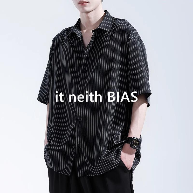 it neith BIAS夏季冰丝短袖衬衫男条纹薄款速干黑色高级休闲上衣