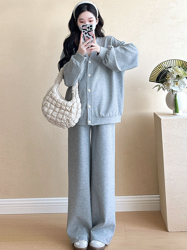 임산부 가을 양복은 패셔너블하고 패셔너블하며 루즈하고 캐주얼하며 회색 코트 가을 겨울 투피스 상하 세트 고급형입니다