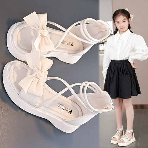 Летние высокие сандалии для принцессы с бантиком, подходит для подростков, в западном стиле, мягкая подошва