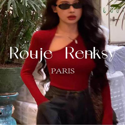 法国rouje renksy法式斜肩露锁骨红色T恤女不规则修身长袖上衣秋