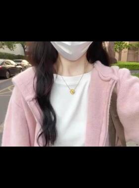 法国Rouje tusse粉色连帽羊毛针织衫拉炼慵懒软糯羊绒毛衣开衫潮