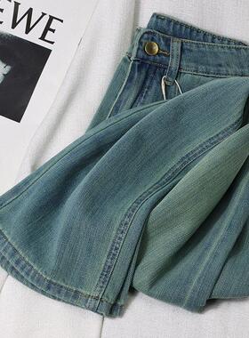 绿色窄版阔腿牛仔裤女2025夏季新款高腰宽松显瘦小个子九分直筒裤