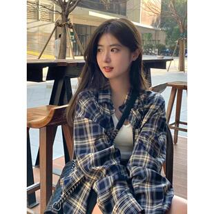 藏青色格子衬衫女款春秋慵懒风全棉覆古宽松衬衫磨毛外套长袖上衣