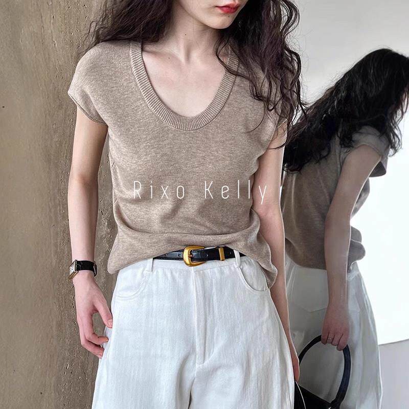 Rixo Kelly高级感修身U领短袖针织衫女冰丝正肩T恤时髦小飞袖上衣
