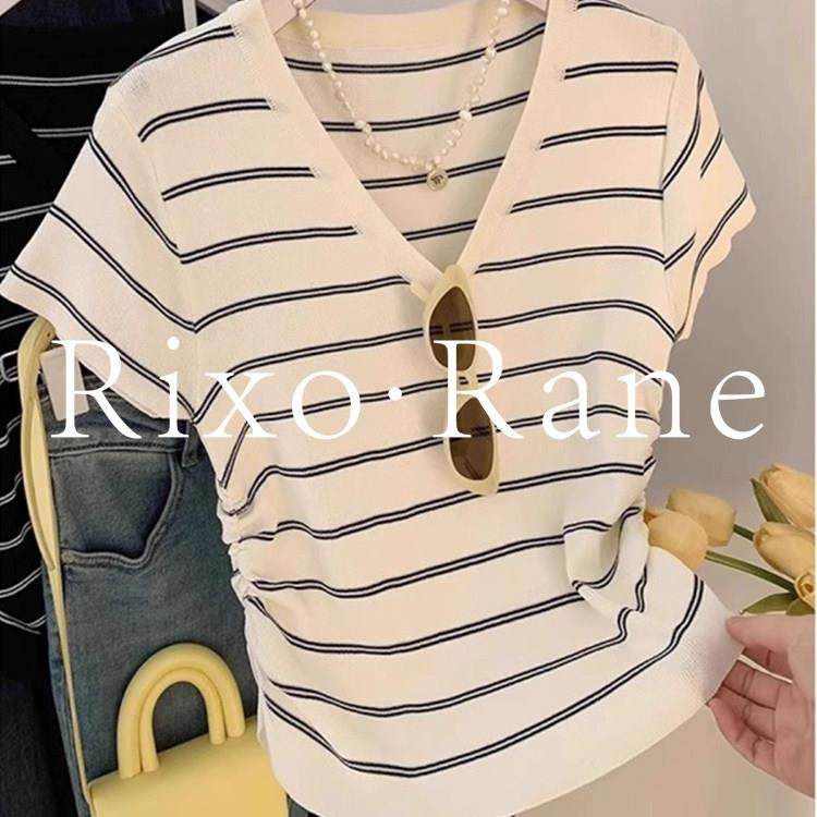 法国Rixo Rane 舒适⭐白色条纹短袖V领正肩T恤女收腰显瘦T恤上衣,女装/女士精品,大码内搭,淘宝优惠券,粉丝福利购,淘宝优惠卷
