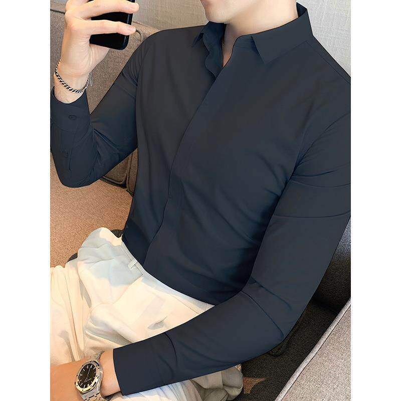 免烫长袖衬衫男2025春秋暗门禁抗皱无痕黑色衬衣商务休闲潮流上衣