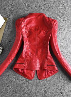 韩国chic机车真皮皮衣外套女春秋季新款红色显瘦修身小皮夹克短款