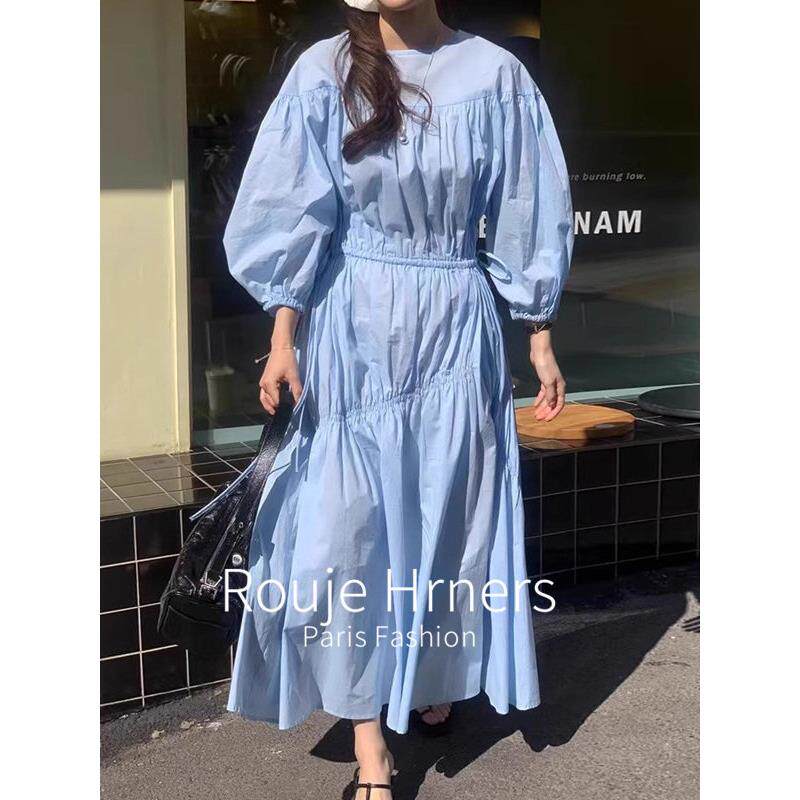 法国rouje hrners法式不规则抽褶系带连衣裙女春季收腰泡泡袖长裙