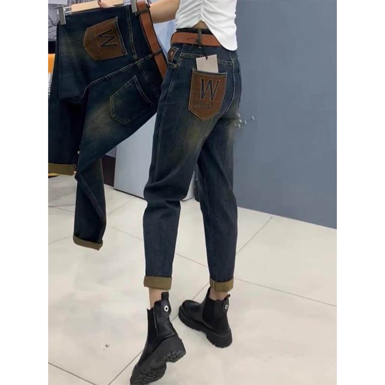 大码牛仔裤女2025秋冬新款加绒加厚老爹裤子胖mm显瘦小个子哈伦裤