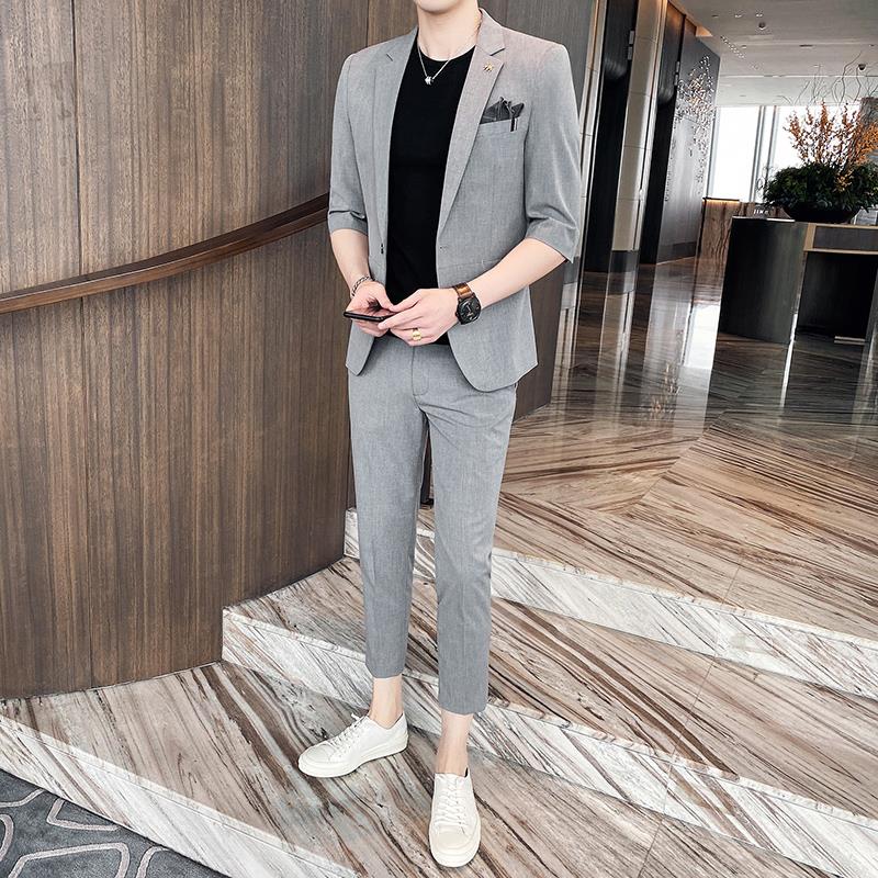 潮牌短袖男士西服套装夏季2025韩版修身七分袖休闲西装外套男薄款