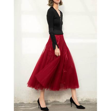 艾丽恩裳高端女装亮片网纱半身裙2025春秋新款显瘦a字裙子大摆裙