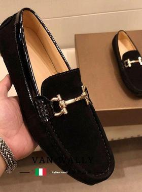 Van Wally经典豆豆鞋男士的马bit黑色磨砂皮革商务休闲懒人皮鞋