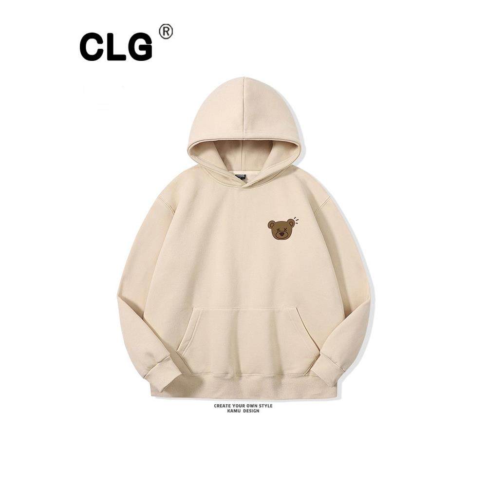 香港时尚品牌运动衫男士丝绒秋冬胸熊印花上衣一对宽松杏色连帽夹