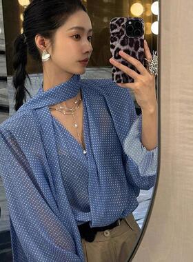 法国Rixo Kelly独特绝美气质长袖上衣飘带v领蓝色波点设计感衬衫