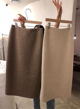 NextMary毛呢半身裙女中长款秋冬季直筒包臀裙开叉一步裙子配毛衣