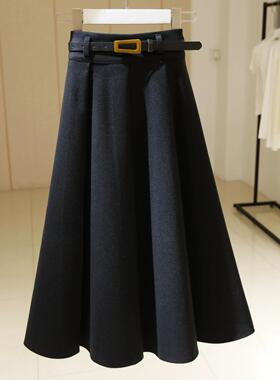 黑色中长款高腰羊毛百褶裙2025秋冬新款盖肉显瘦a字大下摆裙