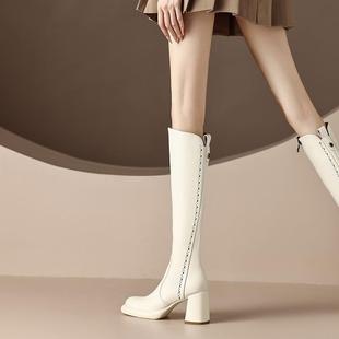 意大利Raraente真皮高跟防水台长筒女秋冬新款 不过膝高筒靴粗跟