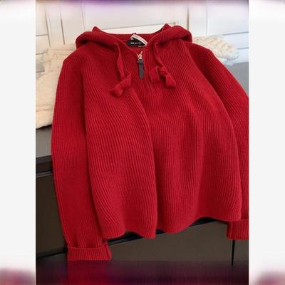 2025新年红色半拉炼套头连帽羊绒毛衣女秋冬慵懒风加厚羊毛针织衫