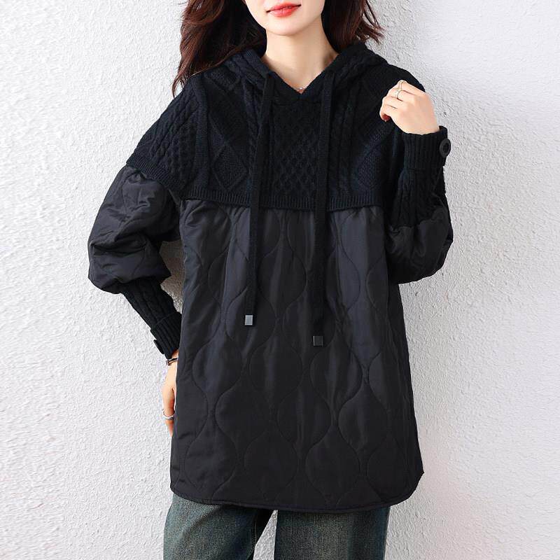 假两件拼接针织衫套头毛衣女冬季新款时尚宽松大码夹棉连帽外套