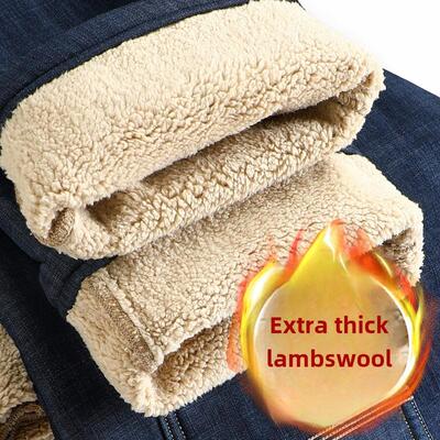 冬季牛仔裤男加绒加厚中年宽松直筒男裤爸爸羊羔绒保暖大码长裤子