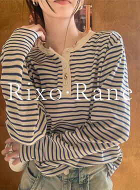法国Rixo Rane半开领条纹长袖t恤女设计感宽松内搭气质打底衫上衣