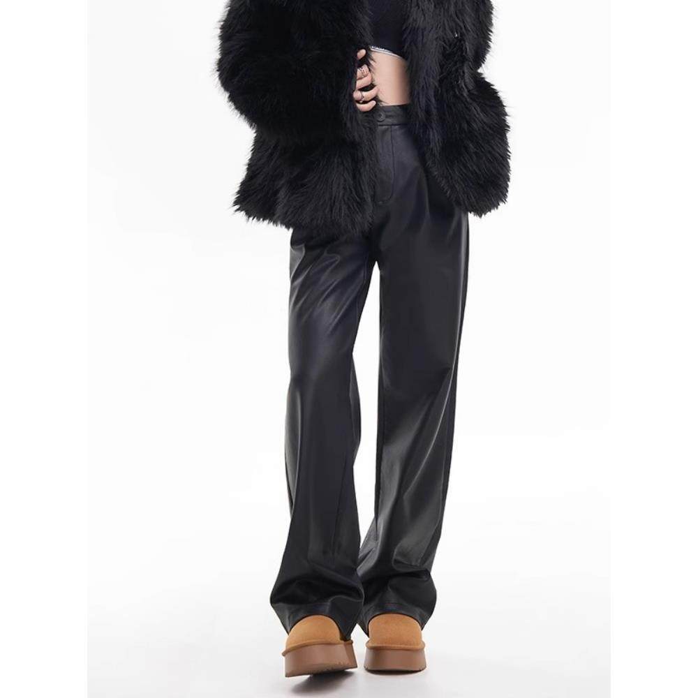 黑色海宁真皮女士及地裤2025新款直筒式修身山羊皮休闲皮裤阔腿裤