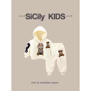 冬季 男女宝加绒连帽卫衣套装 简约卡通加厚衣服三件套 Kids SiCily