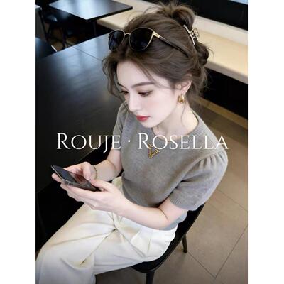 法国Rouje Rosella法式绝美字母圆领短袖针织衫女春夏复古气质