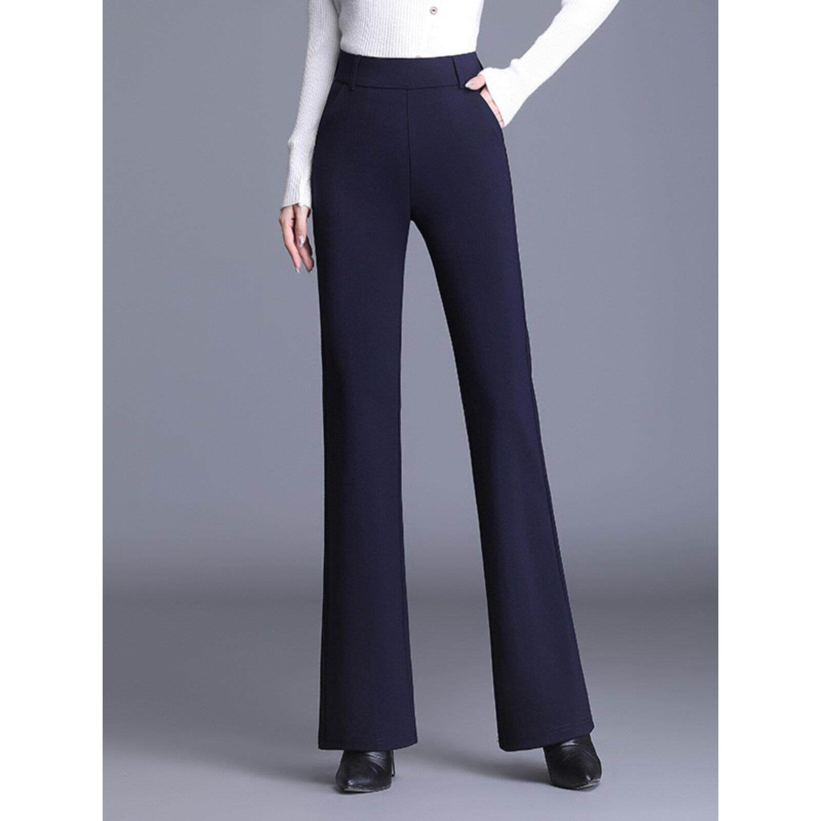 蓝色加长版喇叭裤女秋冬大码高腰显瘦休闲裤高个子加绒弹力西装裤