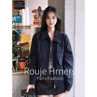 法国rouje hrners法式藏蓝色外套女韩系小个子覆古工装早春夹克女