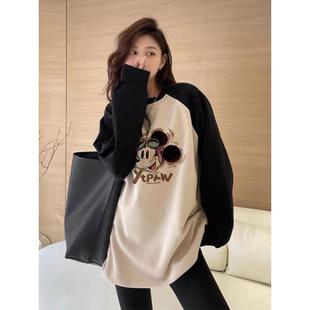 上衣打底衫 法国Rouje 宽松大码 T恤女秋冬中长版 Dsyle撞色磨毛长袖