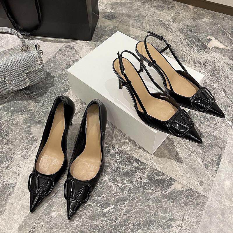 香港2025春秋新款一字扣带浅口细跟凉鞋女尖头真皮漆皮高跟单鞋女