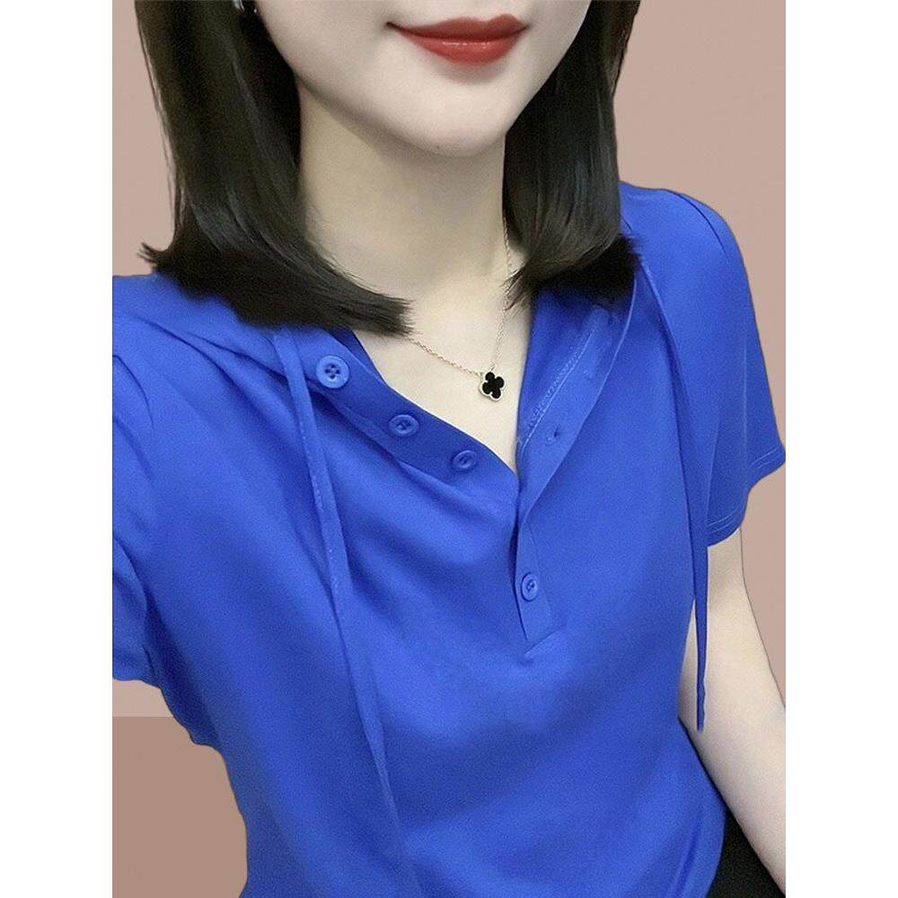 纯棉连帽短袖女t恤2025夏季新宽松瘦身看休闲运动衫大尺寸胖毫米