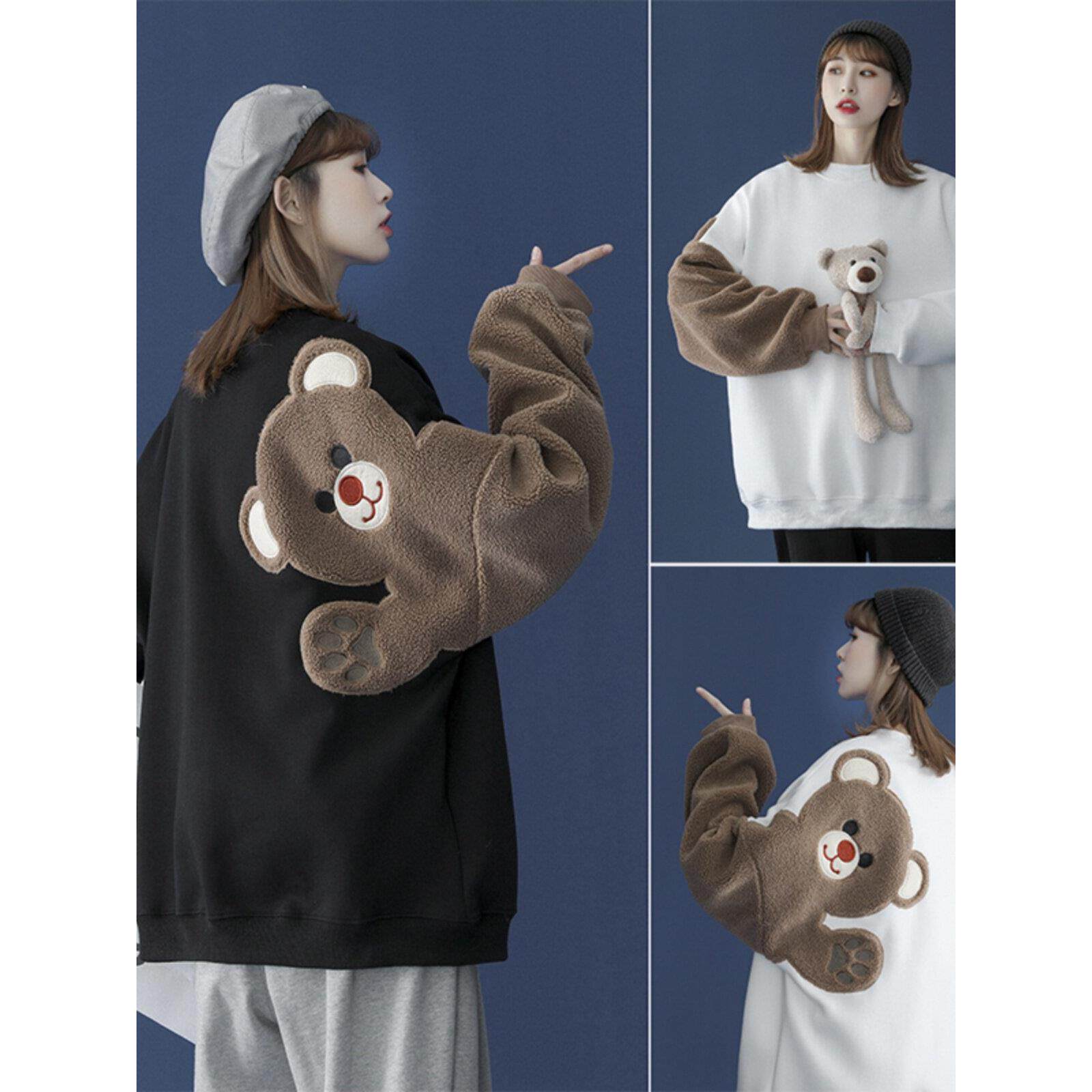 コーデロイの潮牌卡通拼接小熊卫衣男秋冬季加绒个性搞怪慵懒上衣