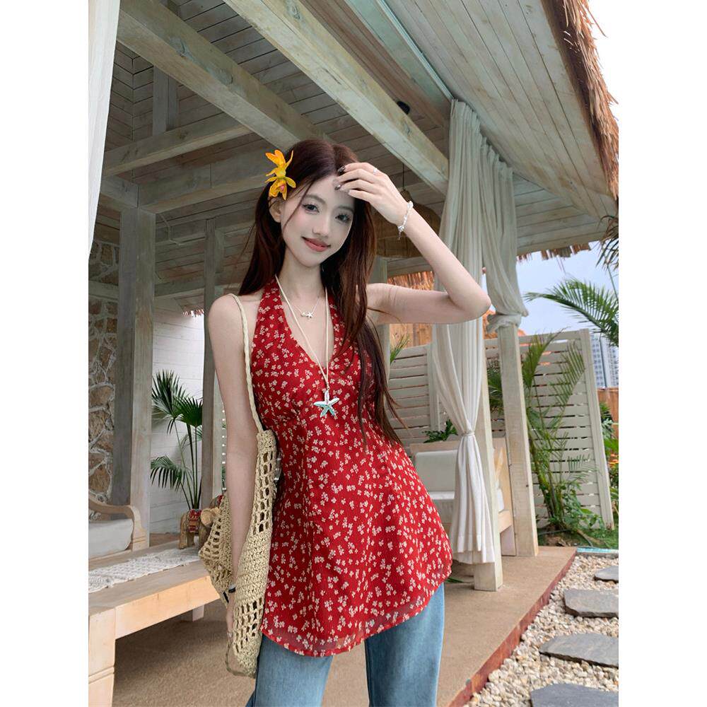 法国Rouje Renksy辣妹红色碎花V领挂脖连衣裙收腰显瘦A字短裙上衣