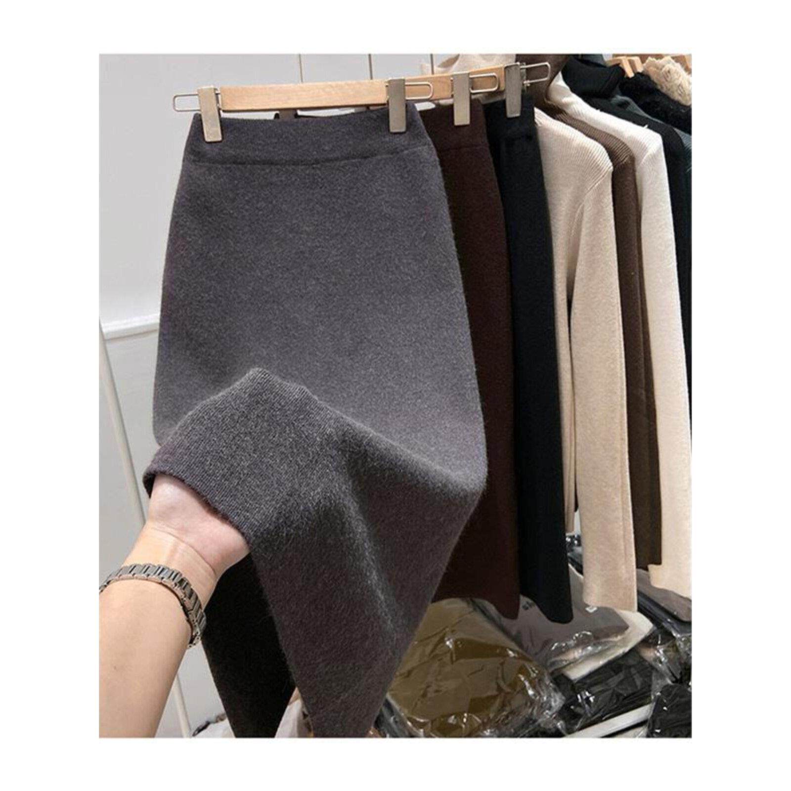 韩国NextMary羊毛针织半身裙女冬中长款开叉高腰包臀直筒一步长裙