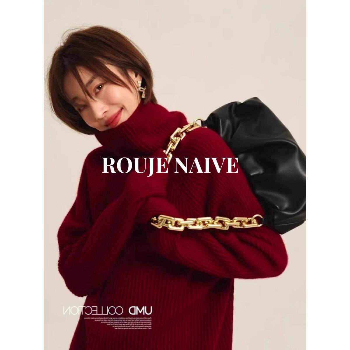 ROUJE NAIVE新年红色高领毛衣女早春季慵懒风内搭打底针织衫上衣