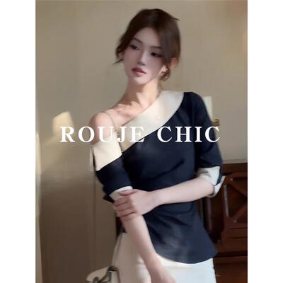 法国rouje chic法式轻奢高级感斜肩短袖T恤女夏绝美撞色修身上衣